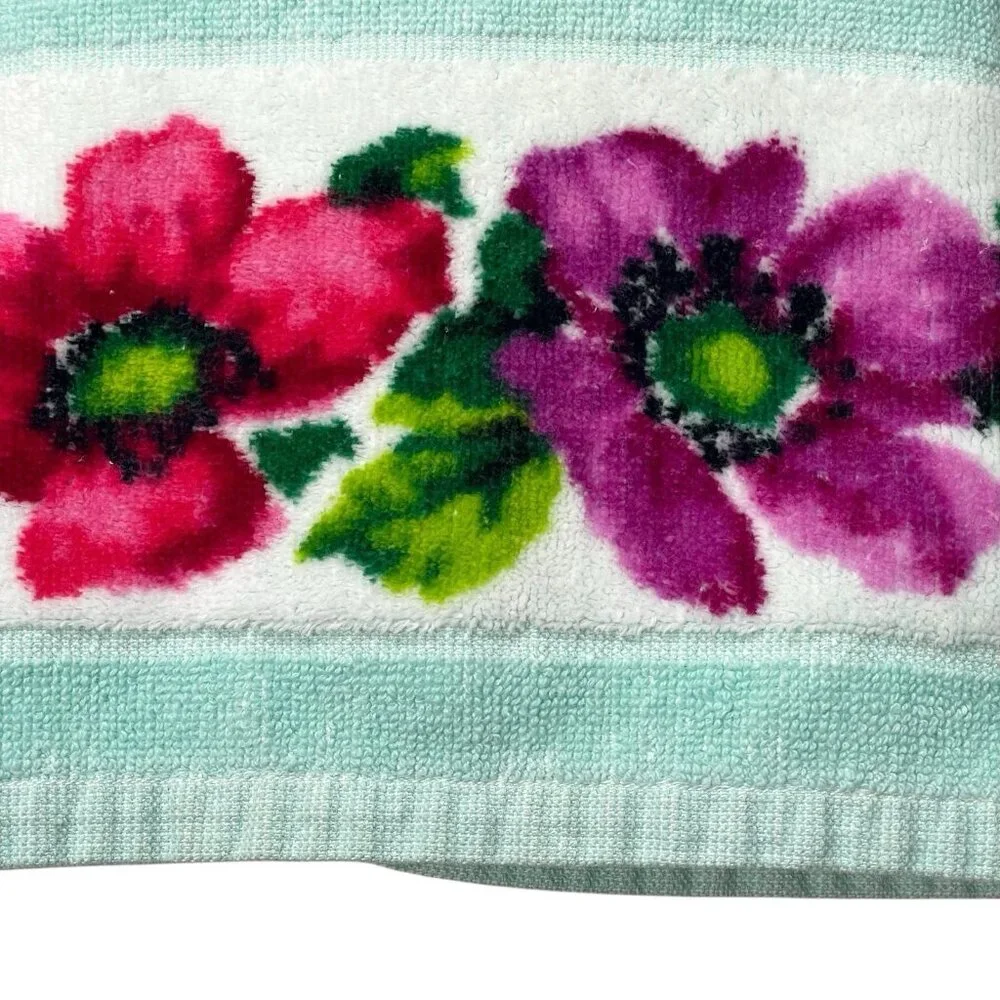 Vintage Teal Floral Hand Towel Indanthren Spring Flowers 18”x35”